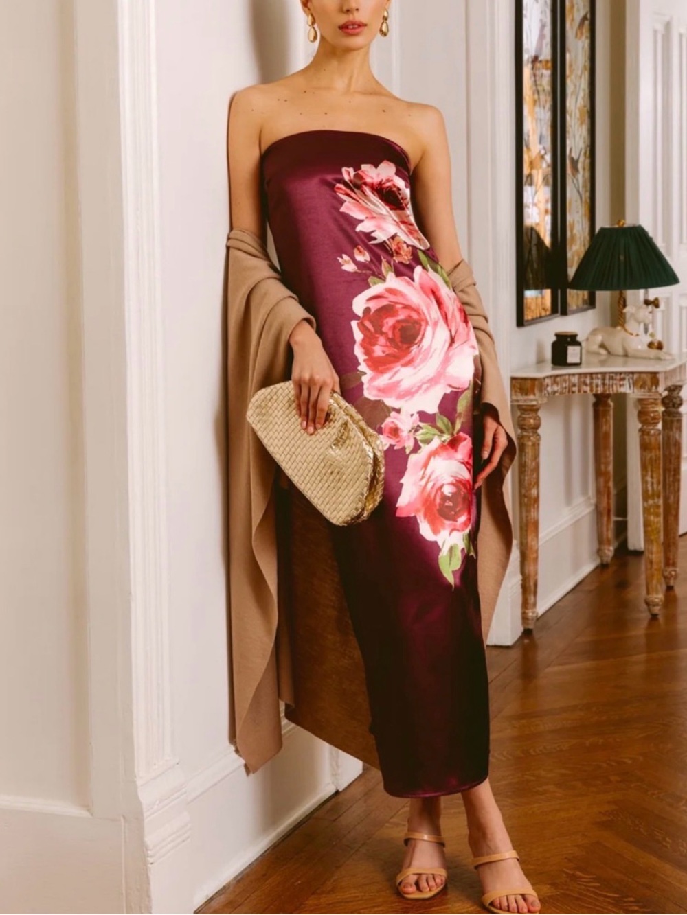 Georgie Sienna Strapless Column Midi Dress Burgandy Floral Medium Women’s